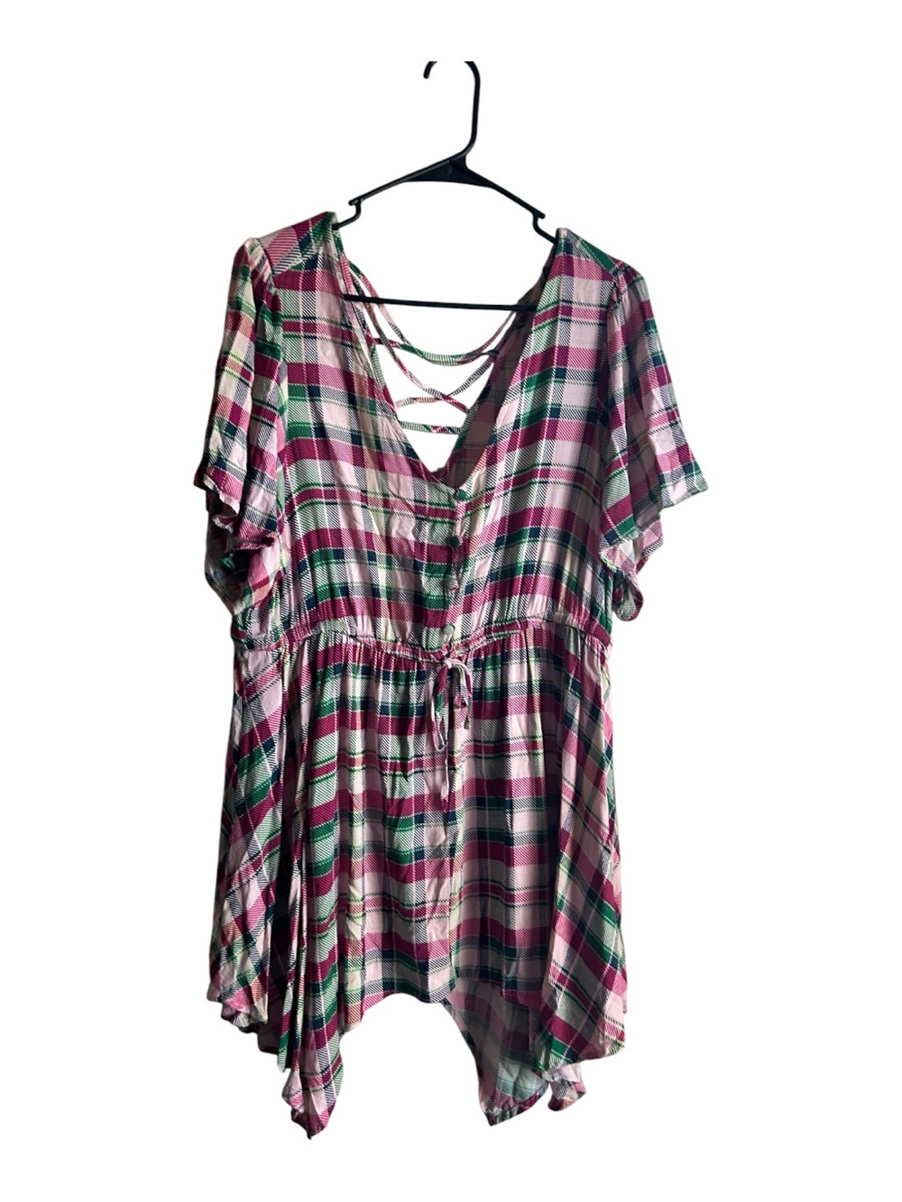 NWOT Torrid Size 1X 14-16 Pink & Green Plaid V‑Neck Drawstring Tunic